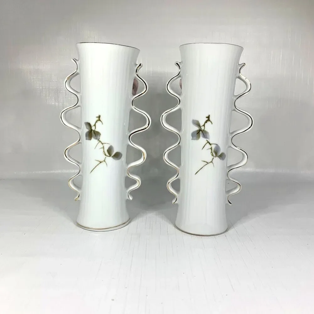 Vintage 1950s Cottagecore Porcelain Vases Shabby Decor Feminine Roses Set of 2